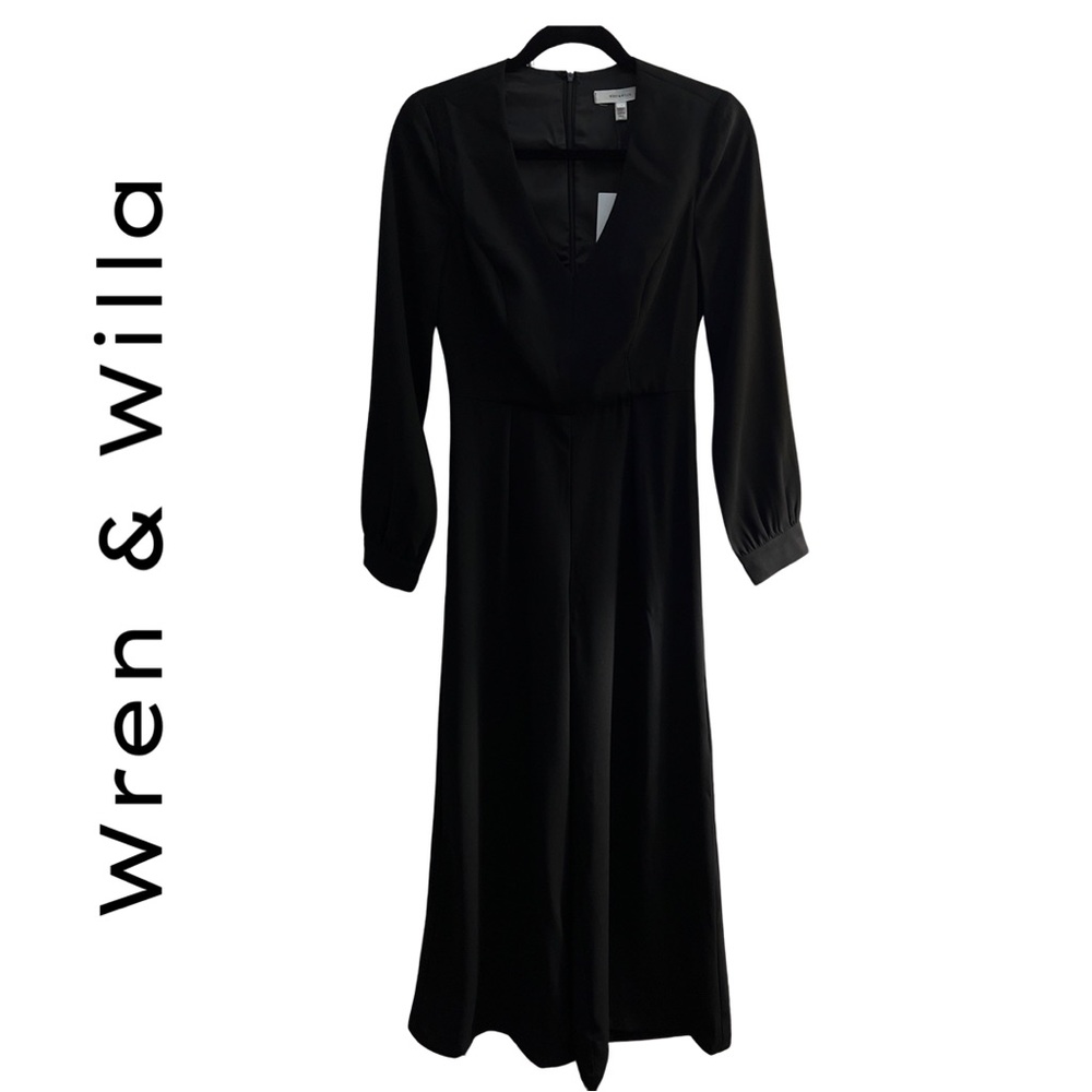 NMT WREN & WILLA BLACK V-NECK LONG SLEEVE PALAZZO LEG JUMPSUIT - SIZE SMALL